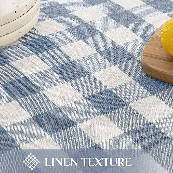 Softalker Checkered Tablecloth Rectangle, Outdoor Linen Cotton Gingham Table Cloth with Tassel, Heavy Duty Wrinkle Free Buffalo Plaid Table Cover for Kitchen Dining Home Party - 55 x 120 Inch, Blue