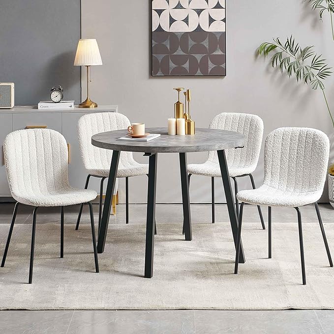 Round Dining Table Set for 4 with Boucle Chairs - Modern Kitchen Table and Chairs Set for Small Spaces - Boucle White