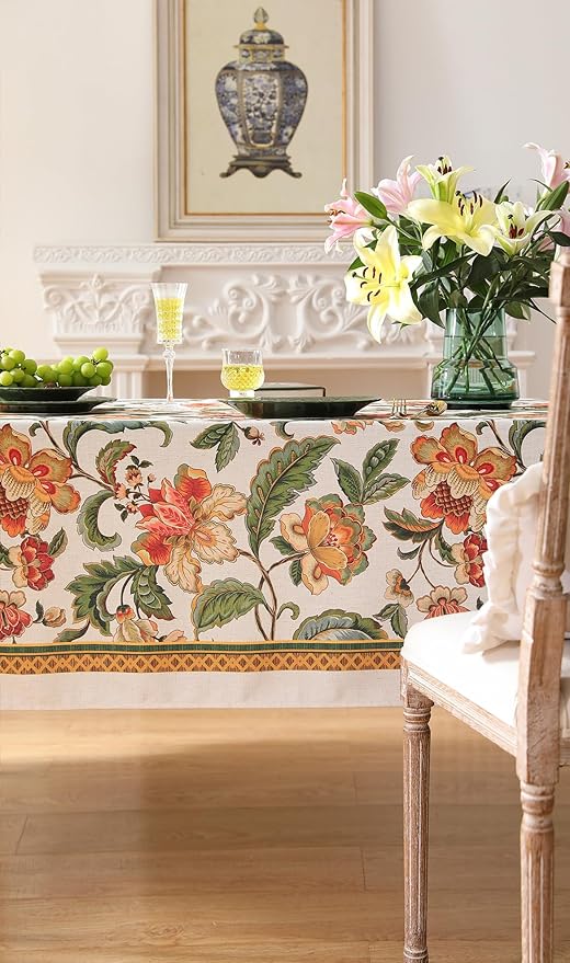 patdrea Designer Vintage Linen Rectangle Tablecloth,Provencal Rustic Floral Pattern Tablecloths,Decorative Table Cover Cloth for Kitchen,Dining Room,Tea Party,Home,Christmas,67"*118"