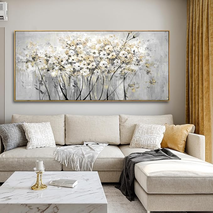 VAYIMDH White and Gold Canvas Wall Art Flower Photo Prints Vintage Wood Wall Decor 40"x86" Kitchen Artwork Pictures for Bedroom