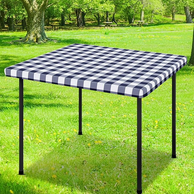 Smiry Square Picnic Table Cloth, Elastic Waterproof Fitted Vinyl Tablecloths, Flannel Backed Buffalo Plaid Table Covers for Dining, Camping, Outdoor (White and Navy, 42" x 42")