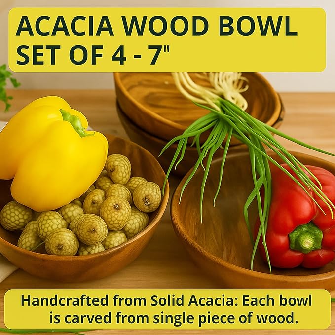 Wooden Salad Bowl Set – Set of 4 Acacia Wood 7” Wood Salad Bowls for Food, Rustic Handcrafted Kitchenware for Snacks, Fruit & Sides, Gift-Ready for Holidays & Housewarming