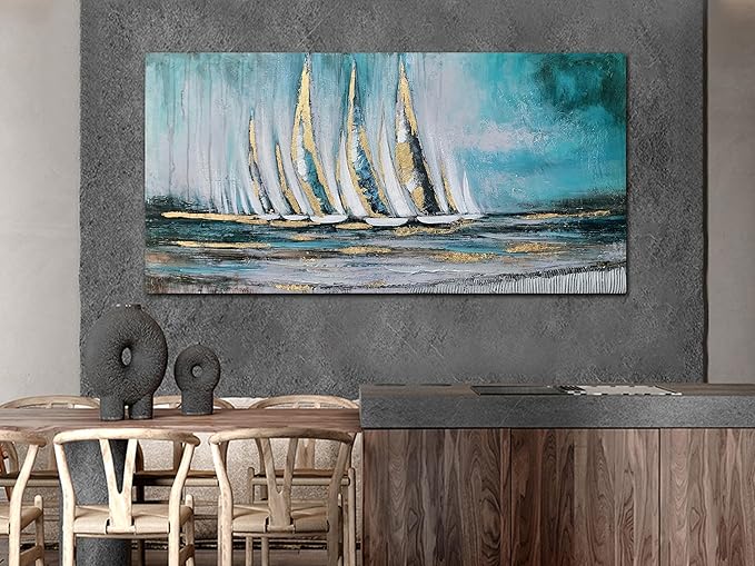Anolyfi Blue Abstract Canvas Wall Art Teal Ocean Sailboat Picture Modern Coastal Nautical Painting, Textured Artwork Large Framed for Living Room Bedroom Bathroom Kitchen Office Home Decor 40"x20"