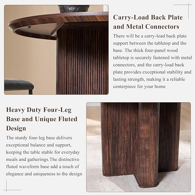 T4TREAM 47" Fluted Round Dining Table for 4-6, Mid-Century Modern Kitchen Table with Thickened Edge & Sturdy Pedestal Base for Kitchen Living Room,Dark Walnut(Table Only)