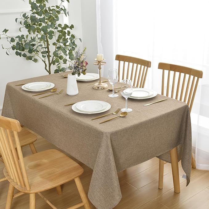 JIUZHEN Faux Linen Farmhouse Tablecloth Rectangular, Wrinkle Stain Resistant Table Cloth Rectangle Table Cover for Kitchen Dining, Holiday Party Dinner, Khaki, 60 x 140 Inch