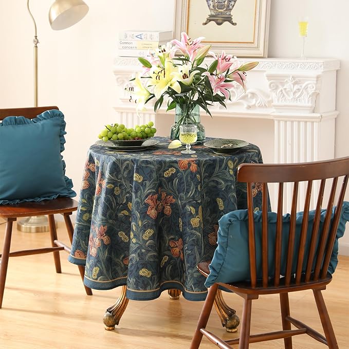 patdrea Designer Vintage Dark Blue Linen Round Tablecloth,French Rustic Floral Pattern Tablecloths,Decorative Table Cover Cloth for Kitchen,Dining,Tea Party,Home,Christmas,Diameter 67"