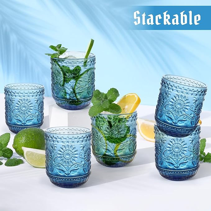 Topsky Vintage Drinking Glass Set of 6,12 oz Embossed Floral Decorative Glassware Set,Glass Cups Wine Glasses Beverages Tumblers Colored Glassware for Whisky,Beer,Juice,Cocktail,Heavy Duty