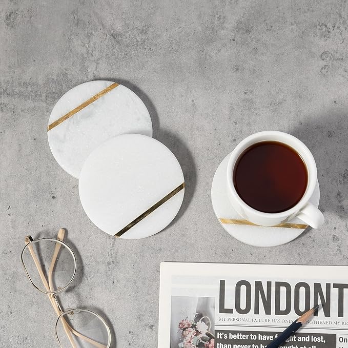 Koville Marble Coaster Set of 4, Round Coasters, 4" Stone Coaster for Drinks Coffee, White Marble with Gold Brass Coasters for Coffee Table Home Bar Decor, Heat Resistant, Gift Choice