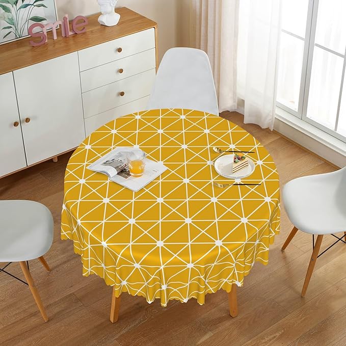 Laeacco 42 Inch Geometric Round Tablecloth Orange Triangle Modern Geometric Abstract Art Print Table Cloth Washable Waterproof Wrinkle Free Table Cover for Kitchen Dining Picnic Party Decoration