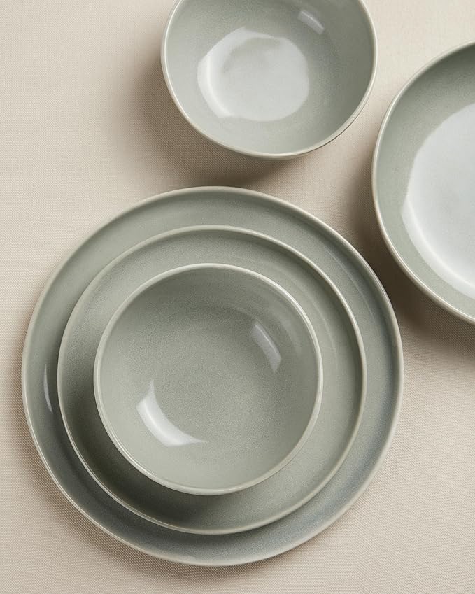 Plates and Bowls Sets, 16 Pieces Dinnerware Set for 4 with Pasta Bowls, Handmade Dishes Set, Chip Resistant Dishware Sets, Microwave Safe Dinner Set, Designed for Interactive Meals, Gray Green