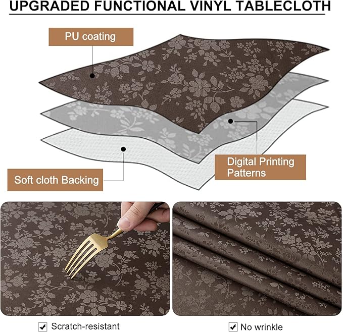 Smiry Rectangle Table Cloth, Waterproof Heavy Duty Vinyl Tablecloth, Wipeable Washable Table Cover for Kitchen and Dining Room (Coffee, 70" X 108")