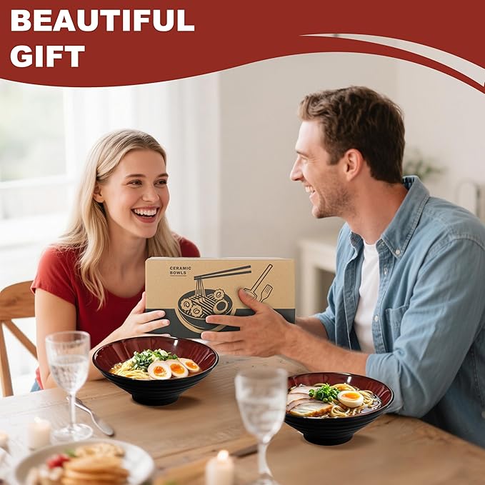 8-Inch 2 Sets Ceramic Ramen Bowl (8 Piece) - Japanese Porcelain Dishwasher Microwave Safe Salad Noodles Cereal Pasta Soup Large Bowls with Chopsticks Forks Spoons for Men Women Housewarming Gift