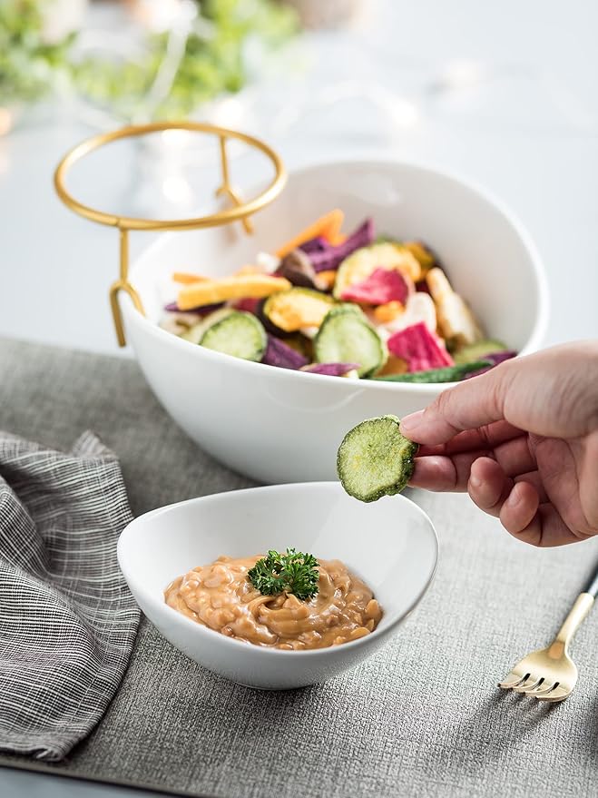 Porcelain Serving Bowl Set for Appetizer Serving Dishes Set with 2 Compartment, Chip and Dip Taco Rack Display Salad Bar Serving Set, Gold Stand