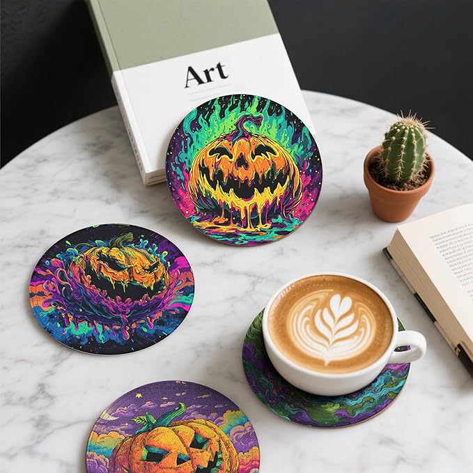 Pumpkin Coasters Leather Round Drink Coasters 6 Pcs Set with Holderor for Cup Drink Coffee Table Bar Home Decor