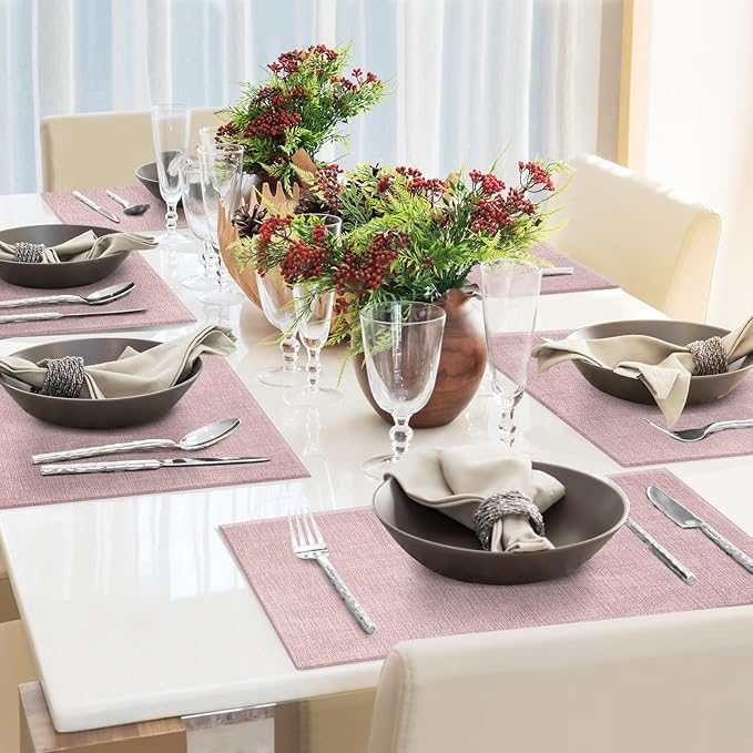 Faux Leather Placemats Set of 8 Washable PU Table mats for Kitchen Table - Heat Resistant, Waterproof, Easy Clean, Anti Slip 11.8" x 17" (Pink-8 Pack)