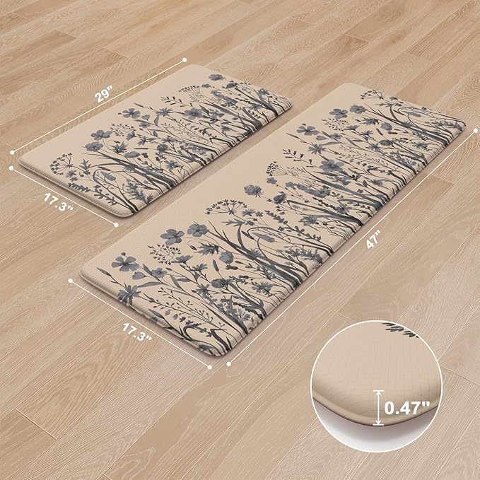 KIMODE Anti Fatigue Kitchen Mats for Floor, Farmhouse Kitchen Rugs Sets of 2, Cushioned Kitchen Floor Mats, Comfort Standing Mat for Sink, Laundry, Office, Desk Brown/Grey 17"x47"+17"x29"