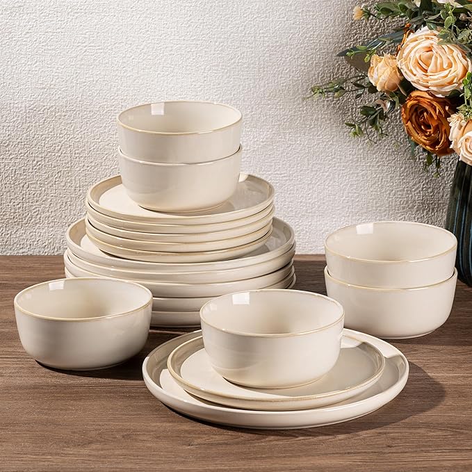 GBHOME Ceramic Dinnerware Sets for 4, 12 Pieces Stoneware Plates and Bowls Sets, Scratch Resistant Dishes, Dishwasher & Microwave Safe, Reactive Glaze-Vanilla color