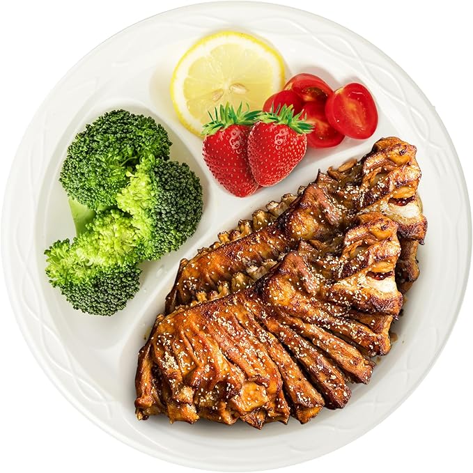 YANGRUI Party Plates Mineral Filled PP 10" 150 Pack - Shrink Wrap Commercial White BPA Free Plastic Plate | Reusable & Disposable Dishwasher & Microwave Safe | Heavy Duty 3 Compartment Dinner Trays