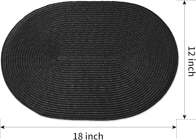 FunWheat Oval Braided Placemats Set of 6 Table Mats for Dining Tables Washable Heat Resistant Place mats for Daily Use 12 x18 Inch (Oval Black, 6pcs)