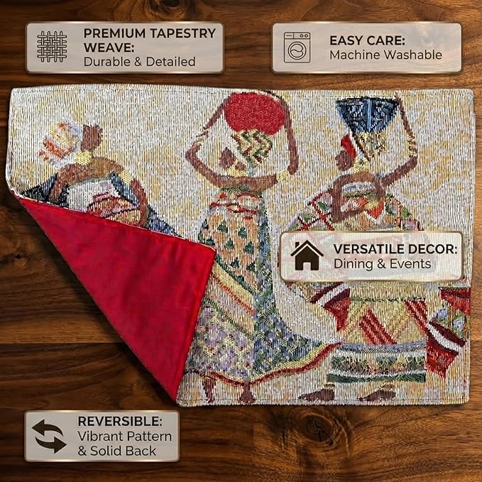 DaDa Bedding Dancing Women Tapestry Dining Table Placemats - Set of 4-Pieces Festive Celebrate Kwanzaa - Tribal African Tribal Culture - Decorative Cotton Linen Woven Kitchen Mats - 13” x 19” (18117)