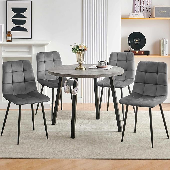 Kitchen Table and Chairs Set for 4, 37" Grey Round Dining Table with Hooks, Solid MDF Faux Wood Tabletop, Grey Velvet Dining Chairs Upholstered Side Chair with Back