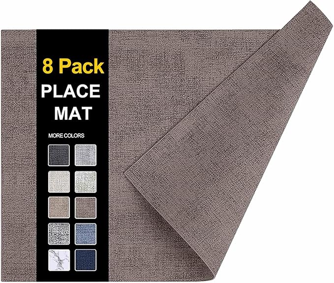 homing Faux Leather Heat Resistant Placemats 8 Packs, Waterproof Wipeable Dining PU Place Mats for Indoor & Outdoor, Easy to Clean, Brown