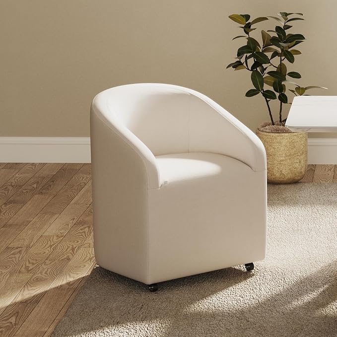Modern Barrel Dining Chair with Rolling Casters, Upholstered Linen Swivel Dining Room Chair with Wheels for Kitchen Living Room Home Office, Beige