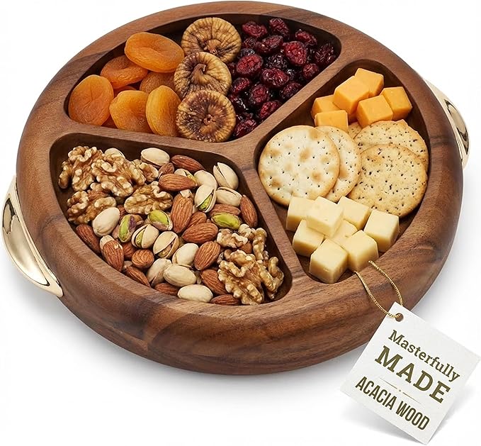 Multi-Purpose Serving Tray – Acacia Wood Round Decorative Tray with Golden Handles – Charcuterie, Snack, Breakfast, Coffee & Tea Platter for Parties & Home Decor