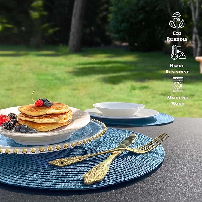 FunWheat Oval Braided Placemats Set of 6 Table Mats for Dining Tables Washable Heat Resistant Place mats for Daily Use12 x18 Inch (Oval Blue, 6pcs)