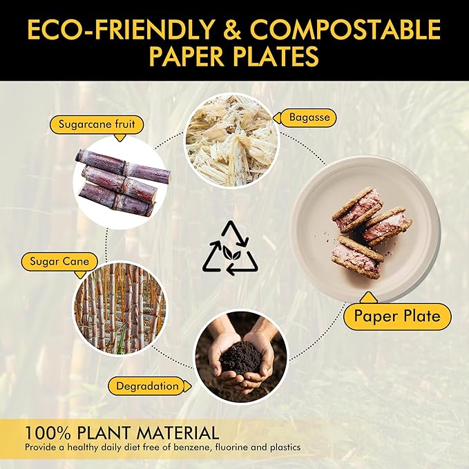 RACETOP Compostable Paper Plates 9 Inch [125 Pack], Disposable Biodegradable Heavy Duty Paper Plates, Made of Natural Sugarcane Fibers, Unbleached Brown, Round