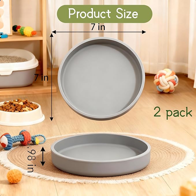 Silicone Cat Bowl Shallow Non-Slip Cat Dishes Set of 2 Relief Whisker Fatigue Small Pet Dog Bowls for Dry & Wet Food (Round Grey)
