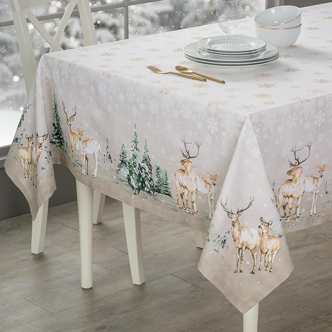 Maison d' Hermine Table Cloth Rectangle Table 100% Cotton 60 x 120 Inches Fall Tablecloth Reusable Everyday Use for Thanksgiving Christmas Decorations Dining Farmhouse Party (Deer in The Woods)