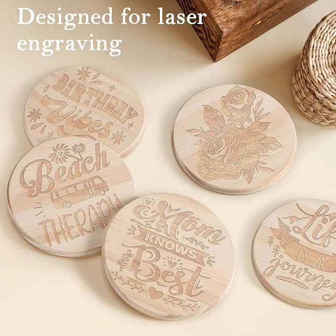 60 Pieces Unfinished Wood Coasters, GOH DODD 4 Inch Wooden Blanks with Non-Slip Pads for Laser Engraving Wood Burning Staining Painting Decoupage Housewarming Gifts Wedding Crafts Education, Round