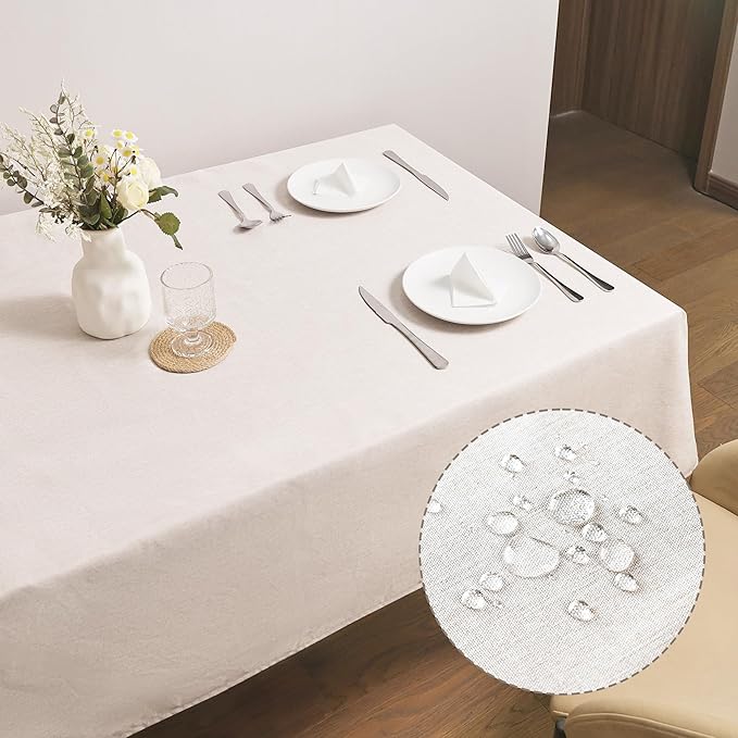 Rectangle Tablecloth Linen Texture Waterproof and Stain-Resistant Fabric Table Cloth, Kitchen Dining Table Decoration, 60 x 84 inch Beige