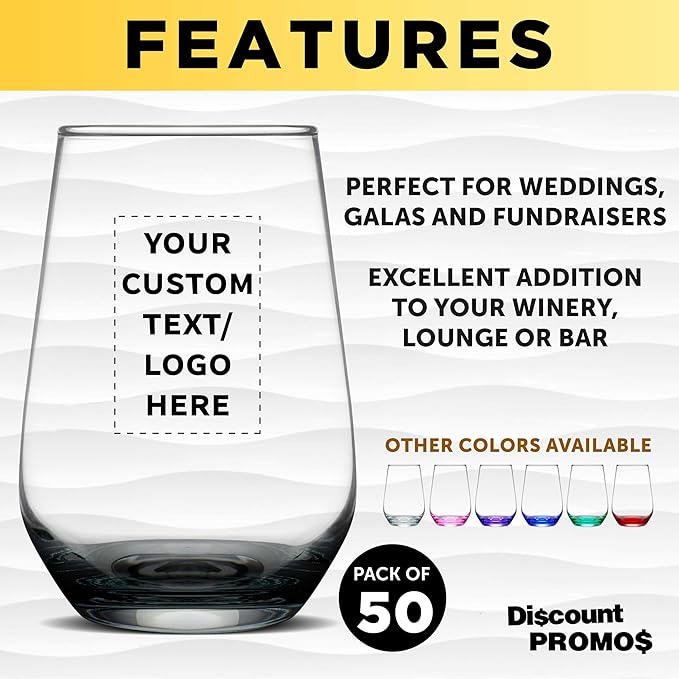 DISCOUNT PROMOS 50 Vaso Silicia Stemless Wine Glasses Set, 16 oz. - Personalized Text, Logo - Clear, Orb-Like, Thick base - Black