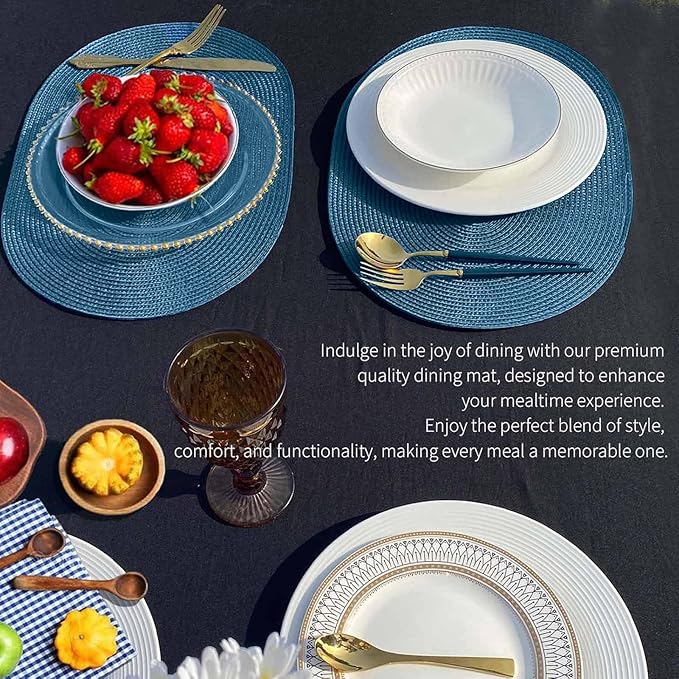 FunWheat Oval Braided Placemats Set of 8 Table Mats for Dining Tables Washable Heat Resistant Place Mats for Indoor Outdoor Use 12 x18 Inch(Oval Blue, 8pcs)