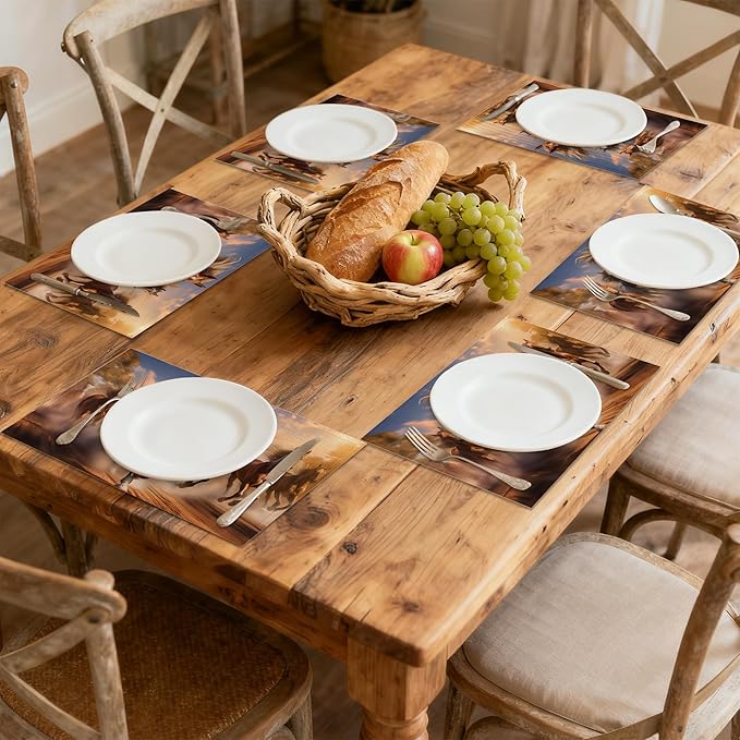 12x18 Inch Running Herd Horse Placemats Set of 6 - Waterproof, Non-Slip & Washable Summer Fall Placemats for Kitchen & Dining Table Placemats