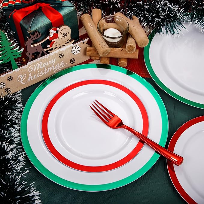 I00000 60PCS Christmas Plastic Plates, Red and Green Plastic Plates, Disposable Set Include 30 Green Dinner Plate, 30 Red Dessert Plate, Perfect for Christmas