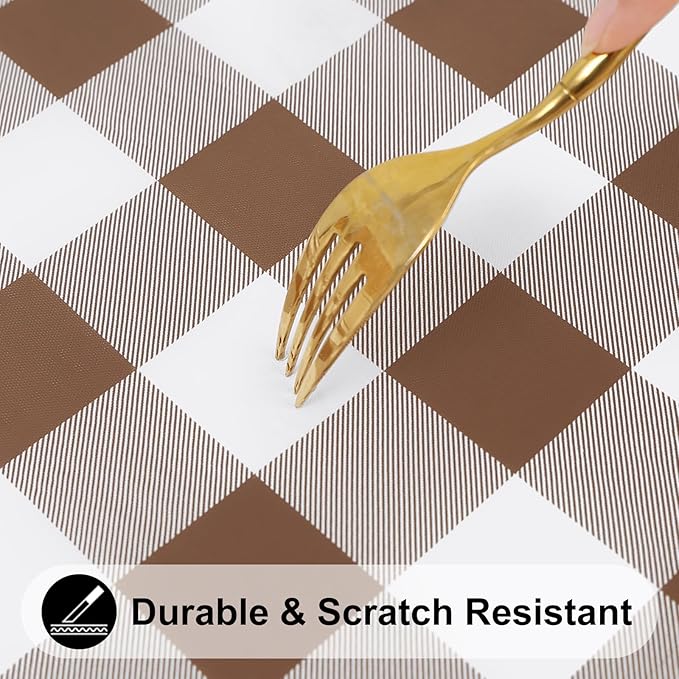 Smiry Rectangle Picnic Table Cloth, Elastic Waterproof Fitted Vinyl Tablecloths, Flannel Backed Buffalo Plaid Table Covers for Dining, Camping, Outdoor (White and Brown, 24" x 48")