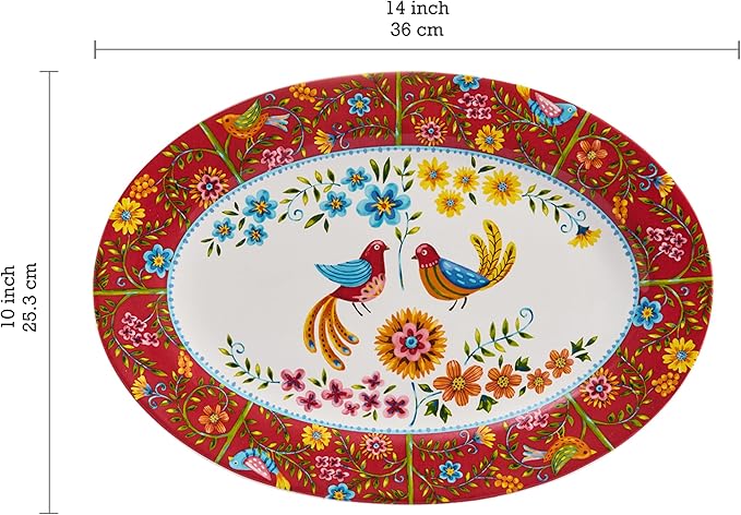 Bico Red Spring Bird 16 plus 14 inch Oval Platters Set, Set of 2, Microwave and Dishwasher Safe, for Serving Fish, Chicken, Turkey