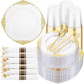 Hioasis 350pcs Clear and Gold Plates - Clear Party Plates for 50 Guest, Include 100 Heavy-duty Plates(20% Thicker Than Standard), 50 Pre Rolled Gold Plastic Silverware Set, 50 Cups