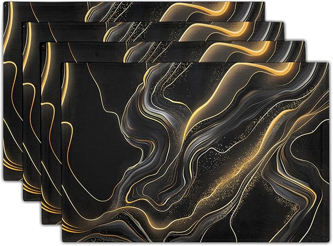 Black and Gold Placemats - Marble Place Mats Set of 4 Modern Placemats 12x18 for Dining Kitchen Farmhouse