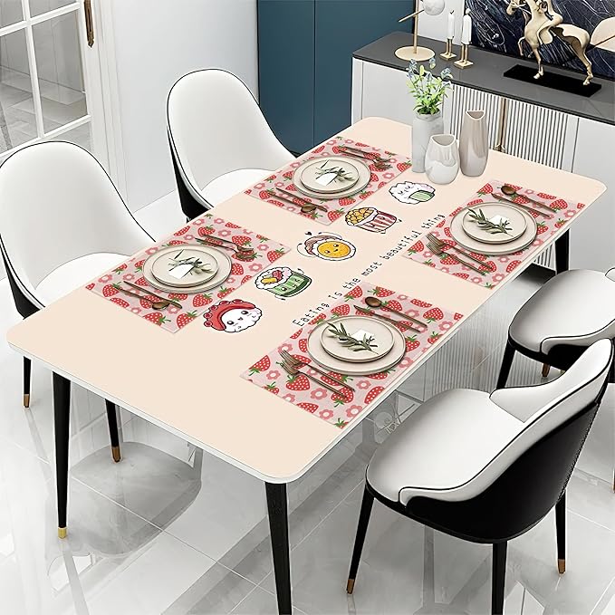 Placemats Set of 6,Strawberry Fruit Linen Place Mats,Modern Washable Strawberries Pink Table Placemats 12"x18" Heat Resistant Table Mats for Dining Kitchen Party Holiday Decoration