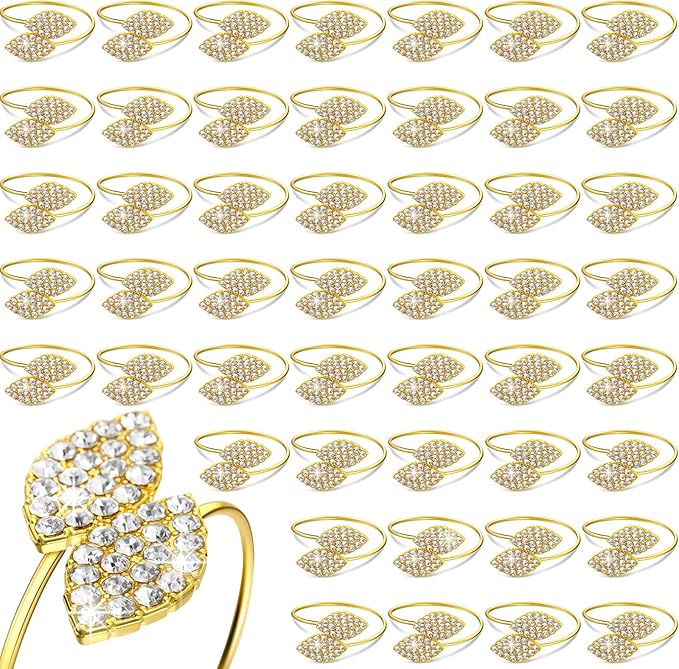 Hotop 400 Pcs Valentine's Day Napkin Rings Gold Table Decorations, Elegant Bling Leaves Napkin Rings, Rhinestone Guest Towels Buckle for Holiday Gather Party, Wedding Dinner Banquet Table Decoration