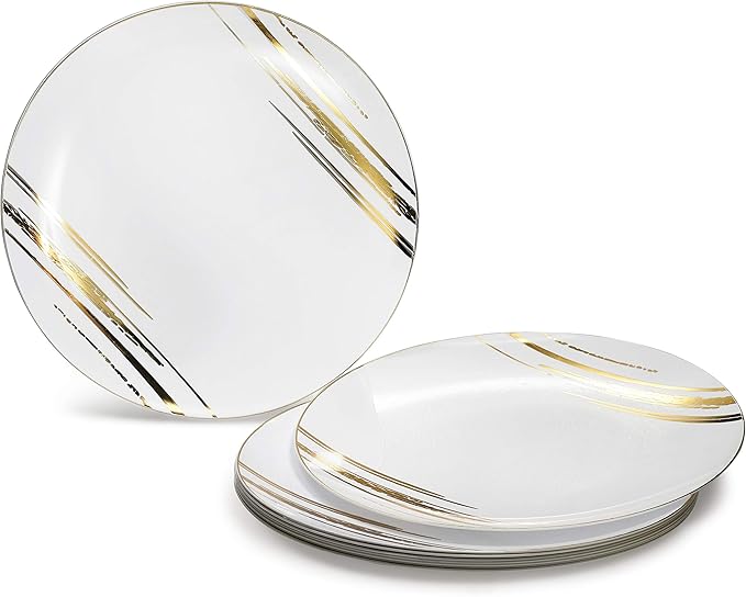 " OCCASIONS " 240 Plates Pack,(120 Guests) Premium Wedding Party Disposable Plastic Plates Set -120 x 10.25'' Dinner + 120 x 7.5'' Salad/Dessert (Dali, White & Gold)