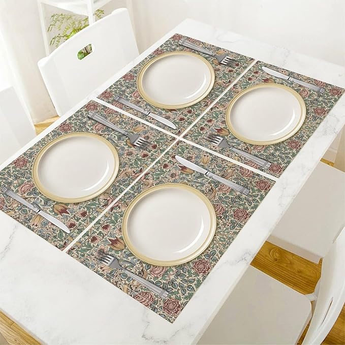 William Morris Placemat Set, Beige Blue Pink Vintage Rustic Art Exotic Ethnic Floral Bird Seamless Pattern Home Decor Linen Table Mats for Dining Room Kitchen Party (17x12in) x4P
