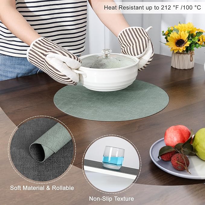 Myir JUN Round Placemats Dual Sided, Faux Leather Place Mats Set of 8 Indoor for Dining Table Outdoor Non-Slip Washable Table Mats (Set of 8, Gray Sage Green)