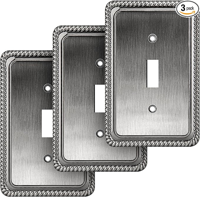 Henne Bery Rope Edge Decorative Wall Plate Switch Plate Outlet Cover (Single Toggle, 3 Pack, Heirloom Silver)