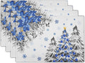 Giwawa Christmas Placemats Set of 4 Blue Grey Xmas Trees Balls Linen Place Mat 12"x18" Winter Poinsettia Floral Snowflakes Stain Resistant Table Mats for Kitchen Dining Holiday Party Decor