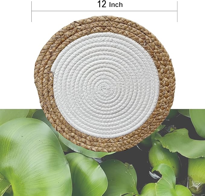 ANDSTAR Round Woven Placemats Set of 6, 12"x12", Natural Wicker Placemats, Water Hyacinth Straw Braided Placemats,Boho Place Mats for Farmhouse, Rustic Table (Water Hyacinth + White Cotton Rope)